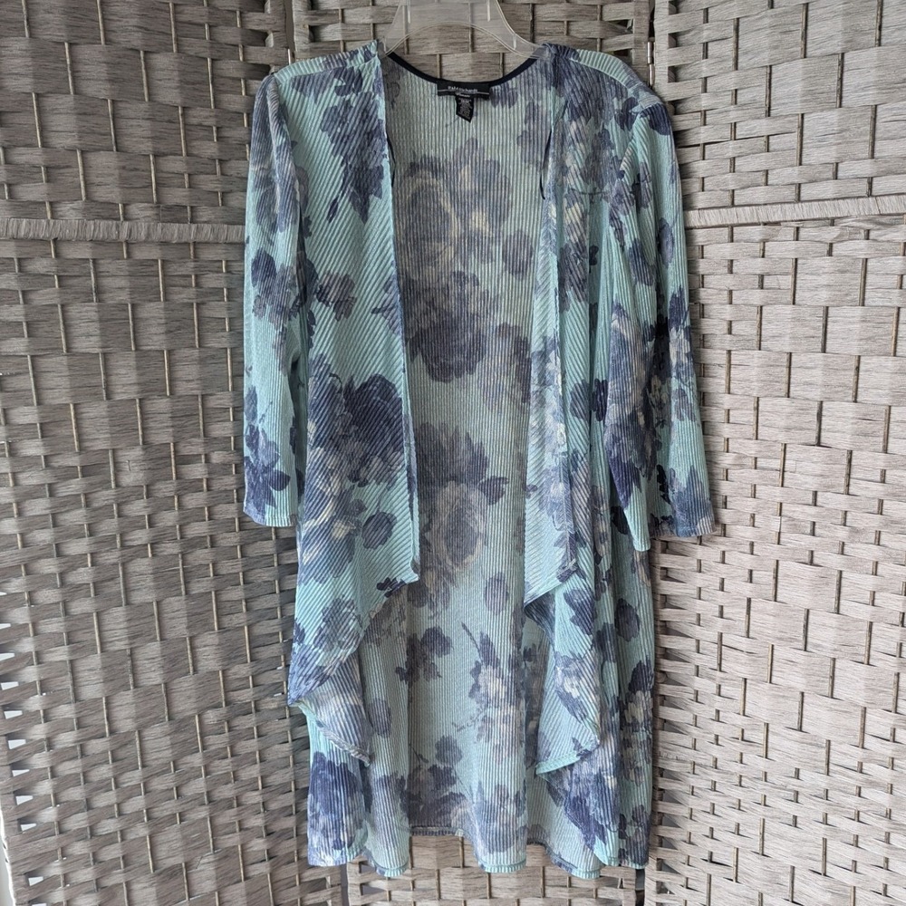 Sheer Open Front Cardigan Blue‎ Floral Pleated Lurex Draped 16W Flowy Romantic